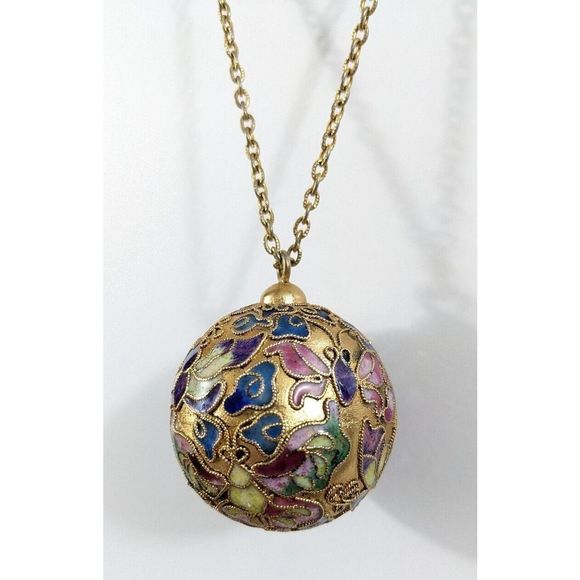 Large Globe Ball Butterfly Design Cloisonne Pendant Necklace - Picture 5 of 16